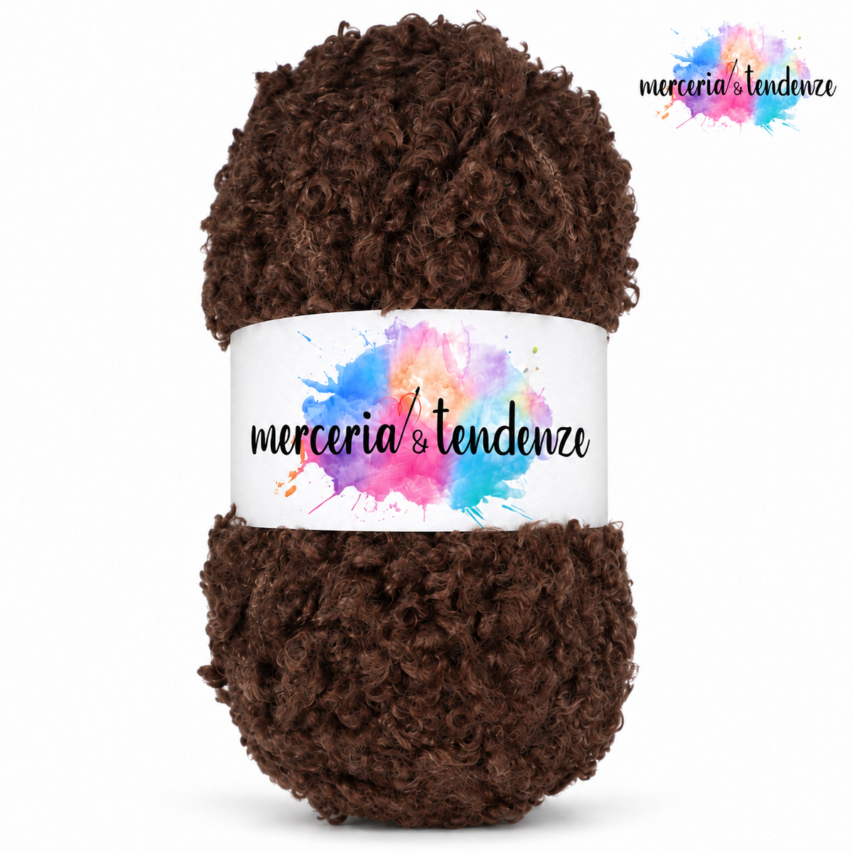 Sweet Teddy – Cioccolato 11, filato bouclé con etichetta e logo Merceria & Tendenze in alto a destra