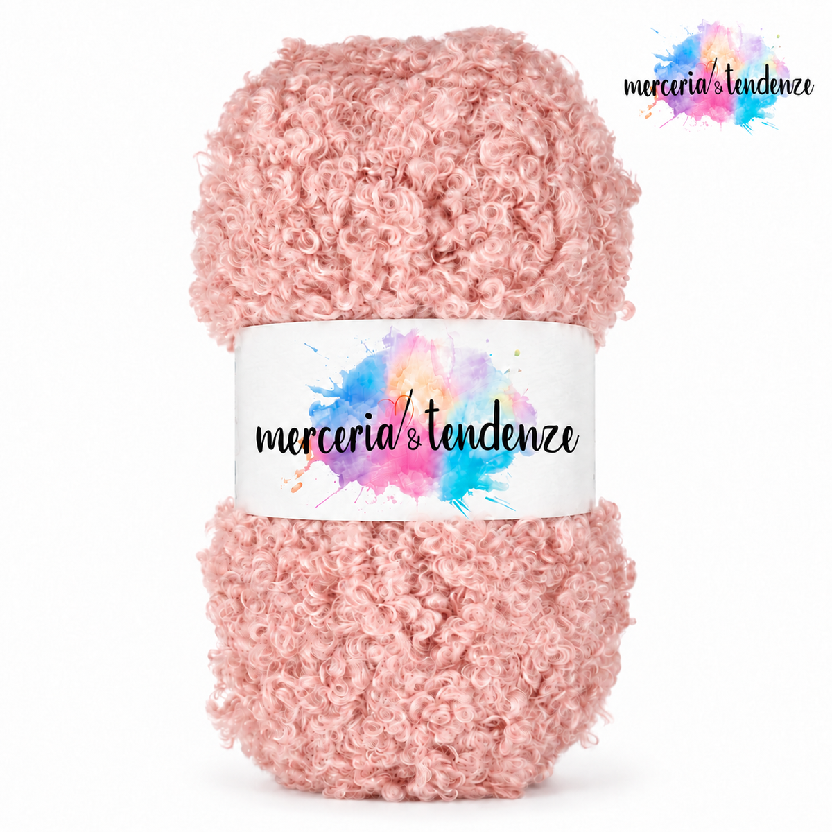 Sweet Teddy – Rosa cipria 14, filato bouclé con etichetta e logo Merceria & Tendenze in alto a destra