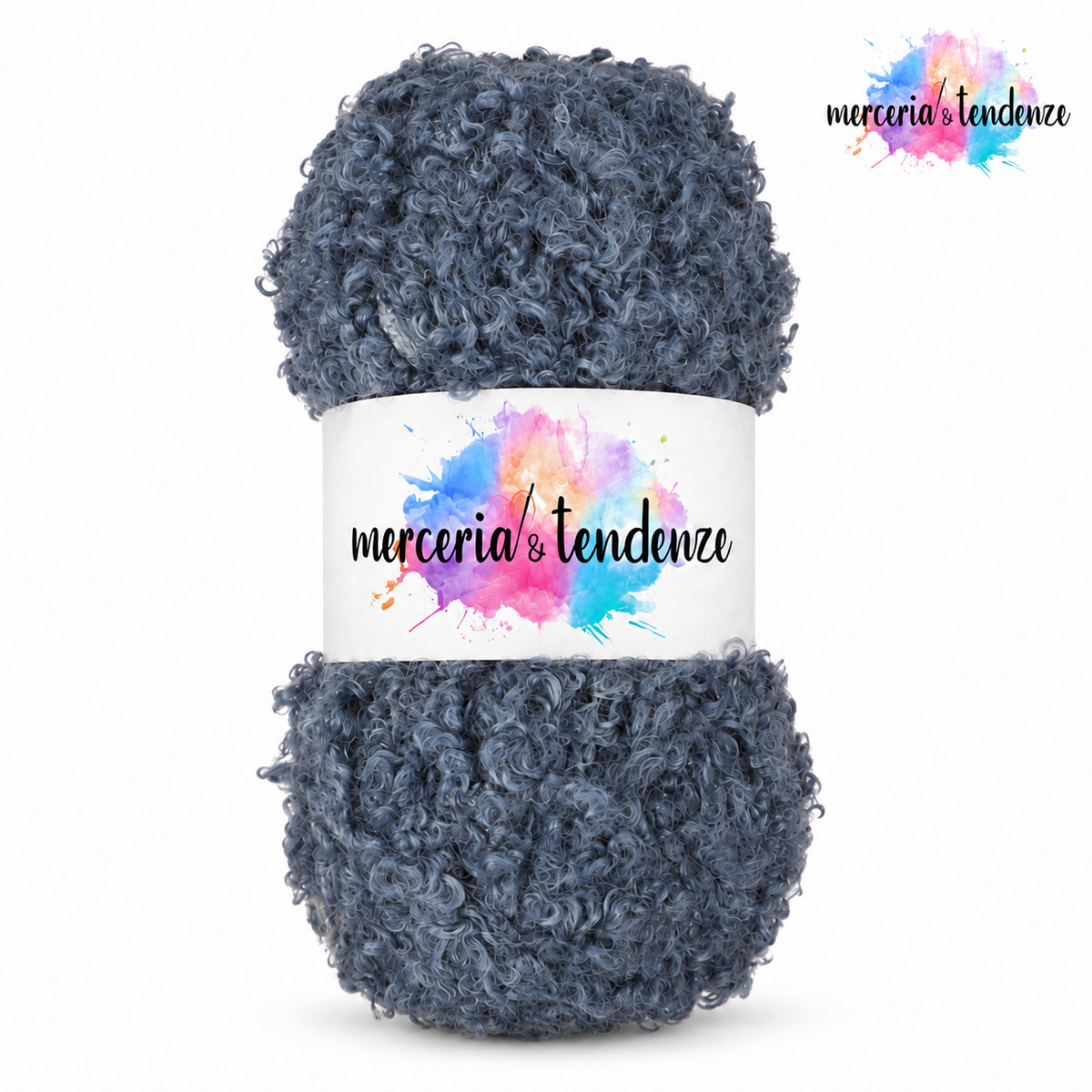 Sweet Teddy – Blu denim 21, filato bouclé con etichetta e logo Merceria & Tendenze in alto a destra
